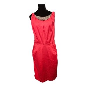 Nine West Dress Fuschia Hot Pink Cotton Dress Size 10 Pockets Beaded Neckline